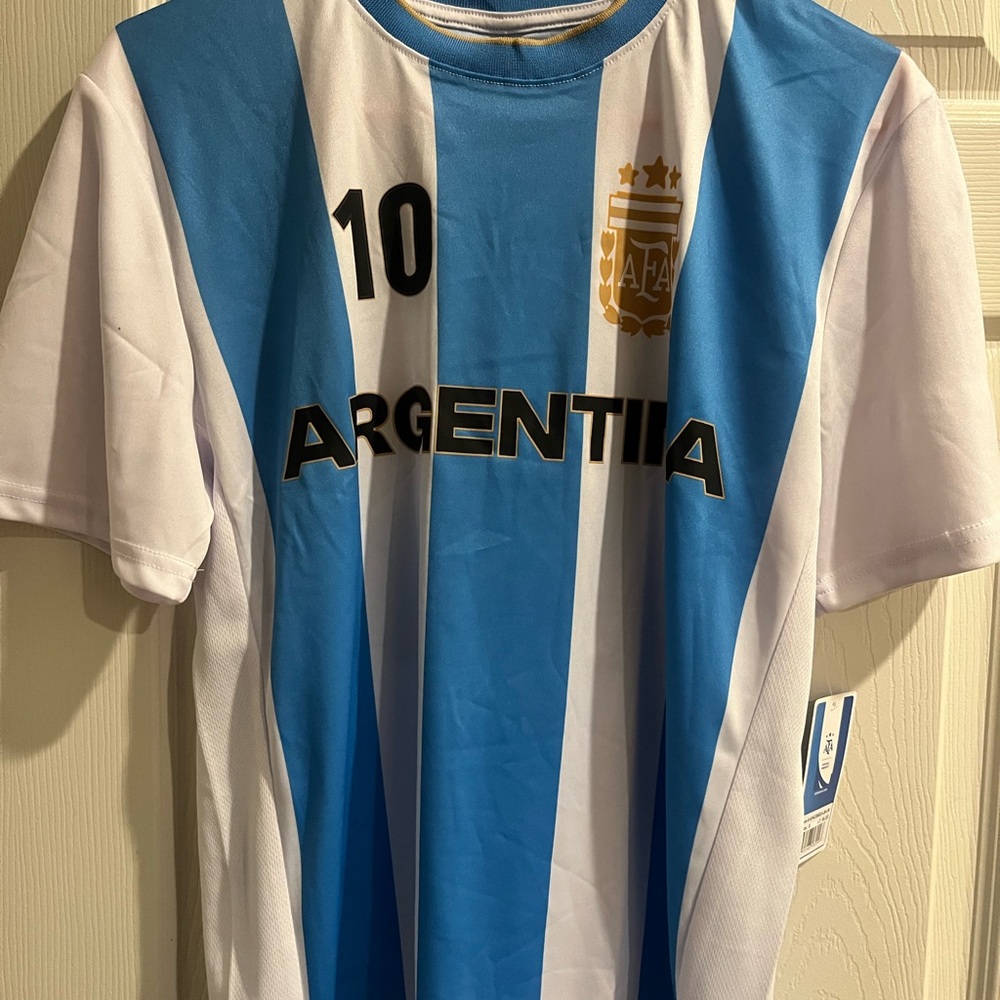 Argentina Messi Blue and White Striped Soccer Jersey with Gold Crest #10